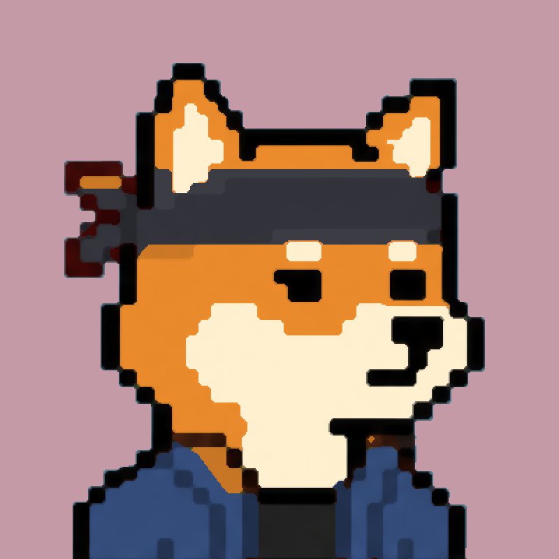 Orange Pixel Inu wearing a dark bandana and blue jacket