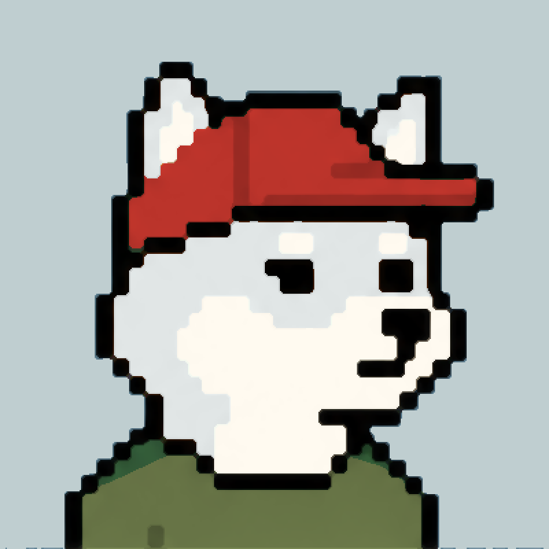 Snow Inu in a red cap and olive shirt