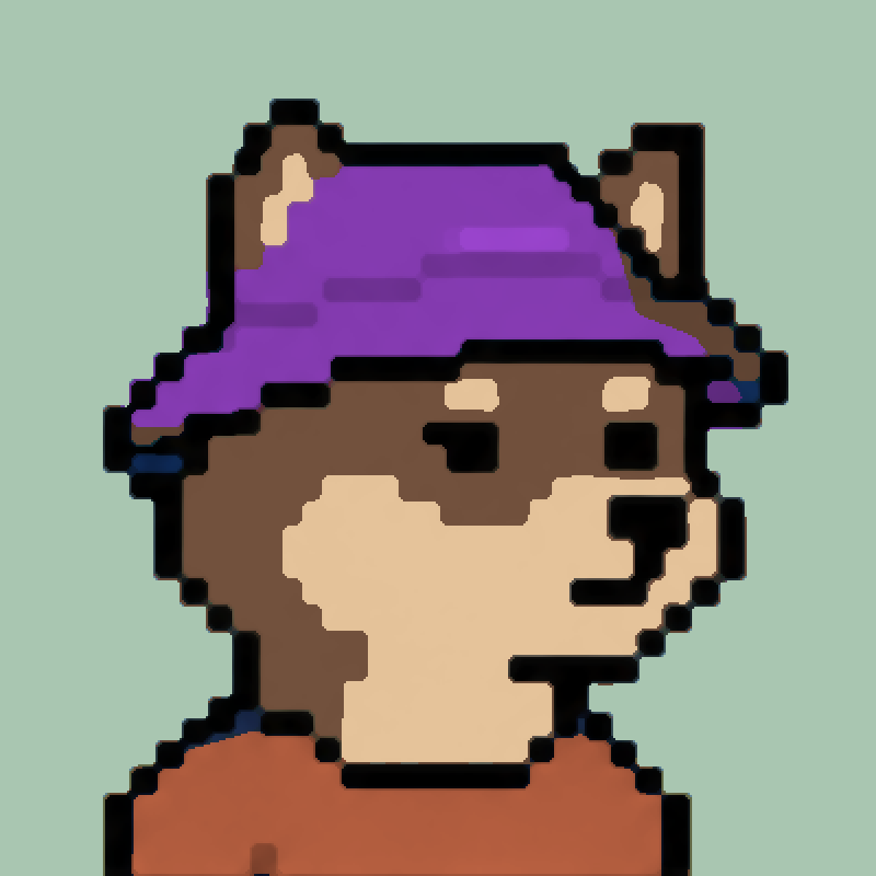Chocolate Inu in a purple bucket hat
